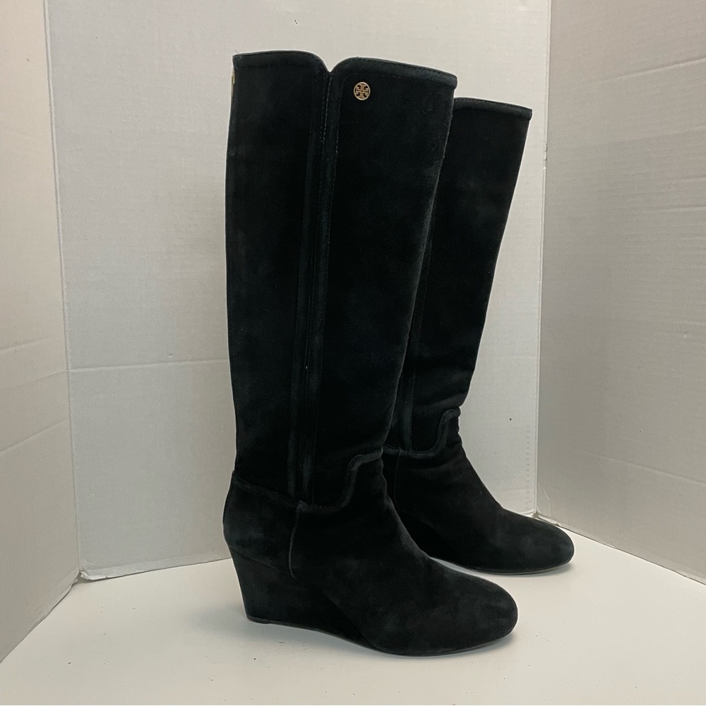 Tory Burch Boots Irene Wedge Tall Softy Suede Leather Logo Black